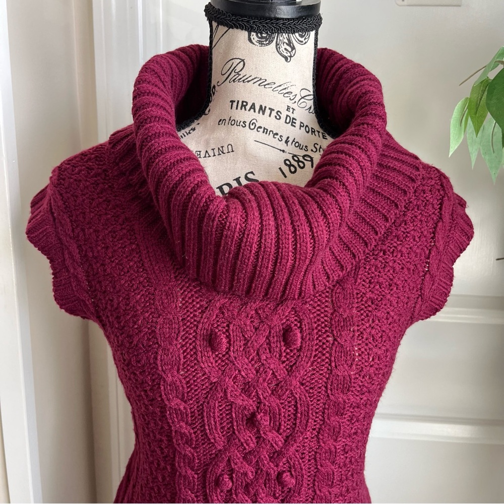 J.J. Basics Cable Knit Cowl Neck Cap Sleeve Sweater Dress Burgundy Sz L - Picture 4 of 16